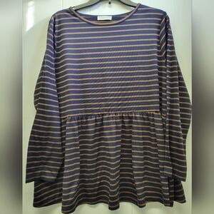 Tickled Teal Navy and Tan Striped Peplum Tunic